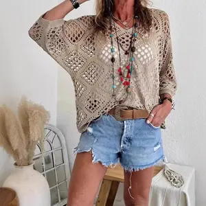 Spring/Summer V-neck diamond-patterned hollow bat-sleeve women's knitted sweater cardigan