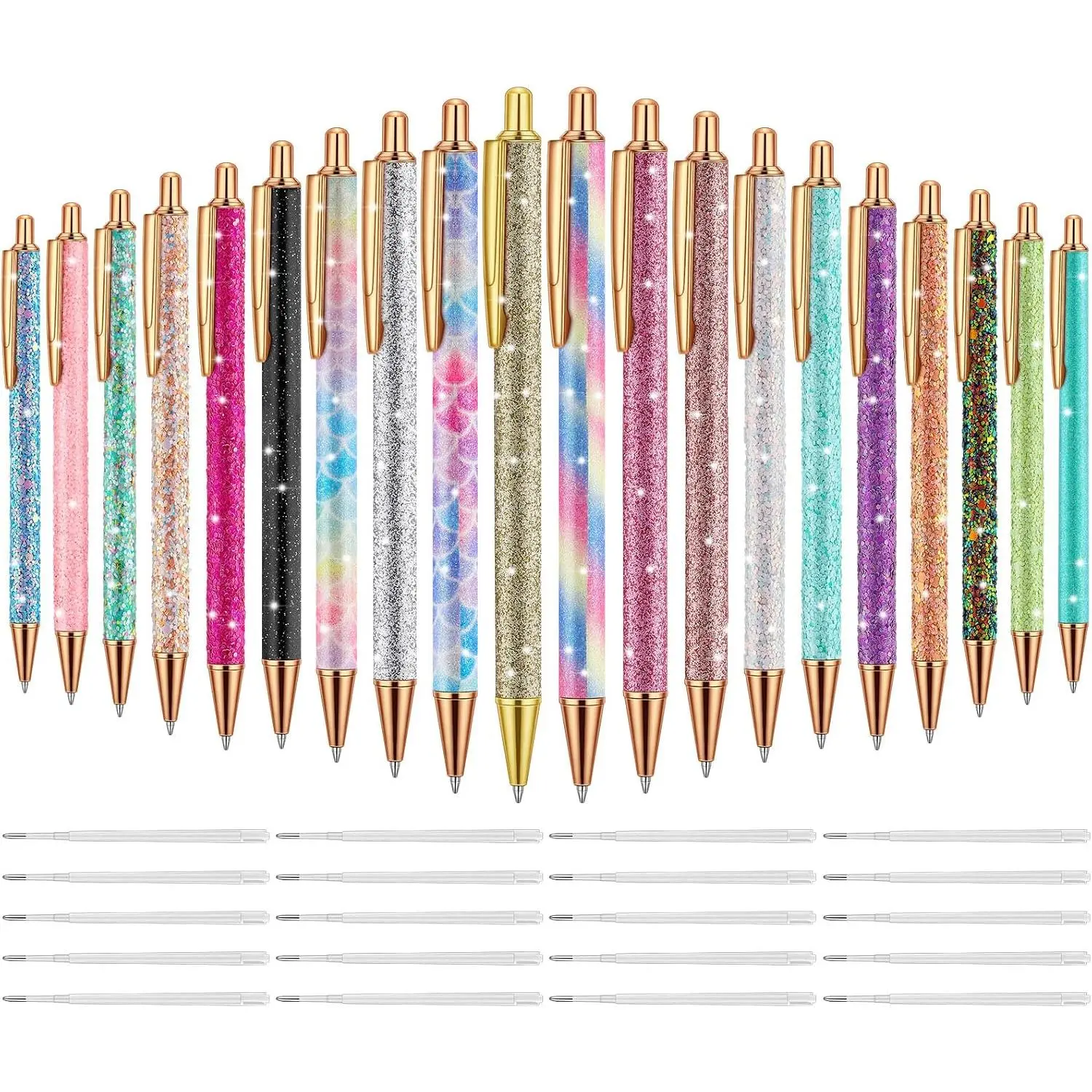 20 count Christmas Fancy Pens for Women Glitter Pens Retractable Click Ball for Journaling Metal Retractable Fancy Cute Pen and 20 count  Refills Black Ink Medium Point 1.0 mm