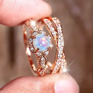 2pcs Opal and Rhinestone Stacking Rings - Trendy X Shape/Halo Design for Daily Outfits and Weddings gemstone Wedding Engagement Promise Bride eternity Ring Anniversary Ring birthstone ring ladies romantic holiday gift
