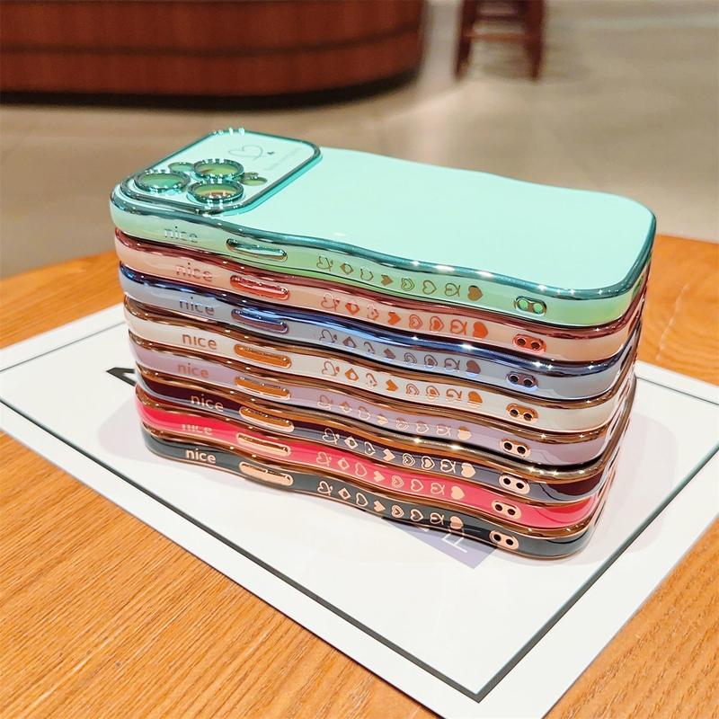 Cute Wave Shape with Love Heart Raised Camera Protection Phone Case Accessories Durable Shiny For iPhone 16 15 14 13 Pro Max Slim Phone Case Shockproof Soft Case Compatiable with Wireless Charging Curly Shape Case Cover