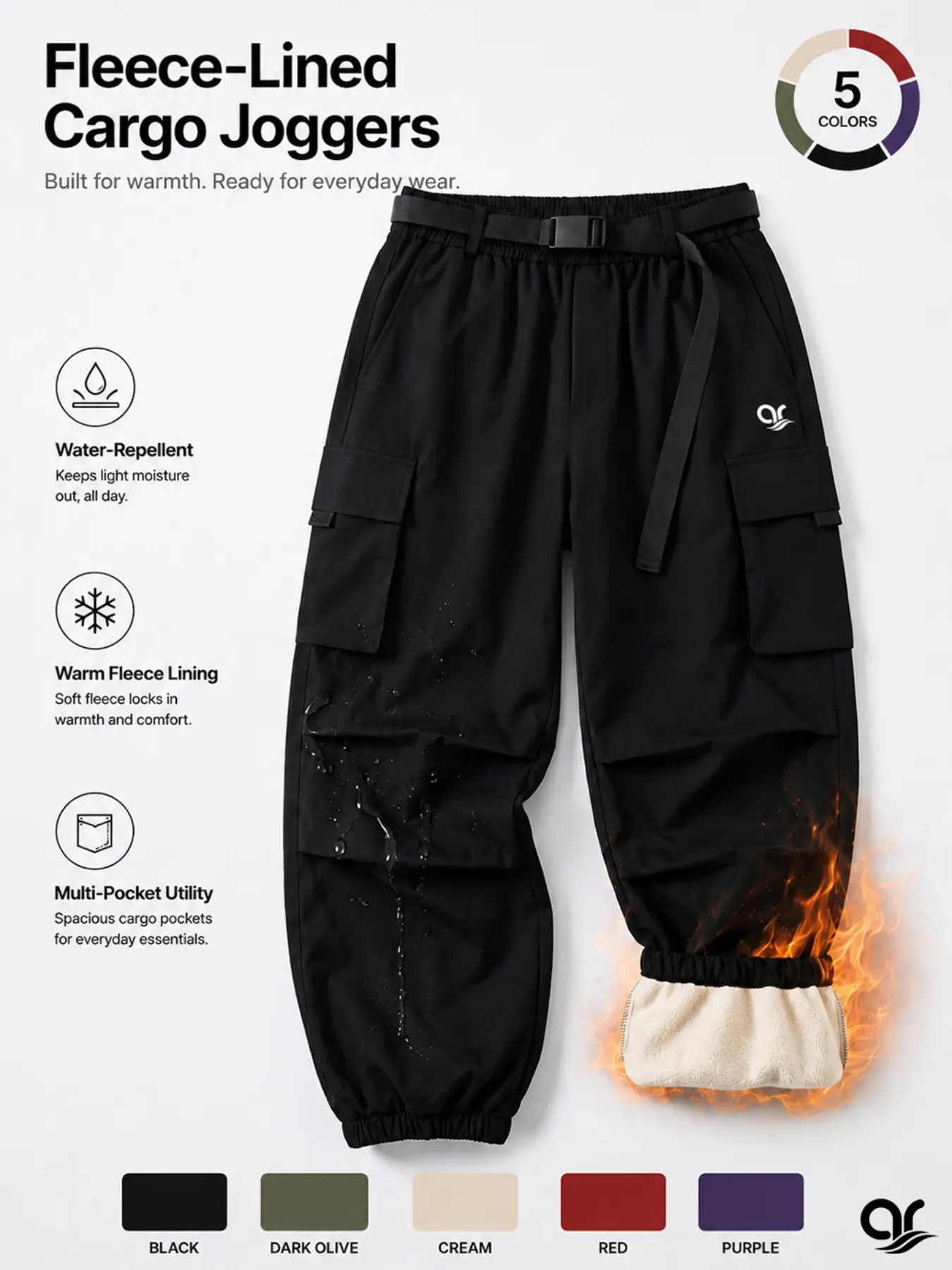 AR Men's Fleece-Lined Cargo Joggers, Water-Repellent Multi-Pocket Utility Pants with Adjustable Belt, Relaxed Cuffed Fit for Fall & Winter Hiking, Training & Daily Wear