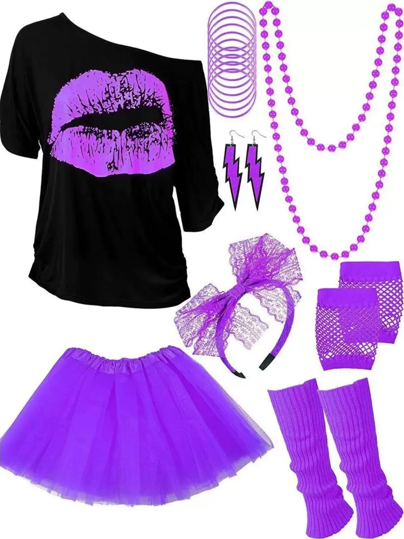 80s Retro Disco Cosplay Set, Adult Neon Lip Print T-Shirt Tutu Dress, Perfect for Vintage Theme Parties, Halloween, Retro Dance Events