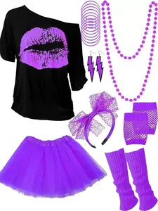 80s Retro Disco Cosplay Set, Adult Neon Lip Print T-Shirt Tutu Dress, Perfect for Vintage Theme Parties, Halloween, Retro Dance Events