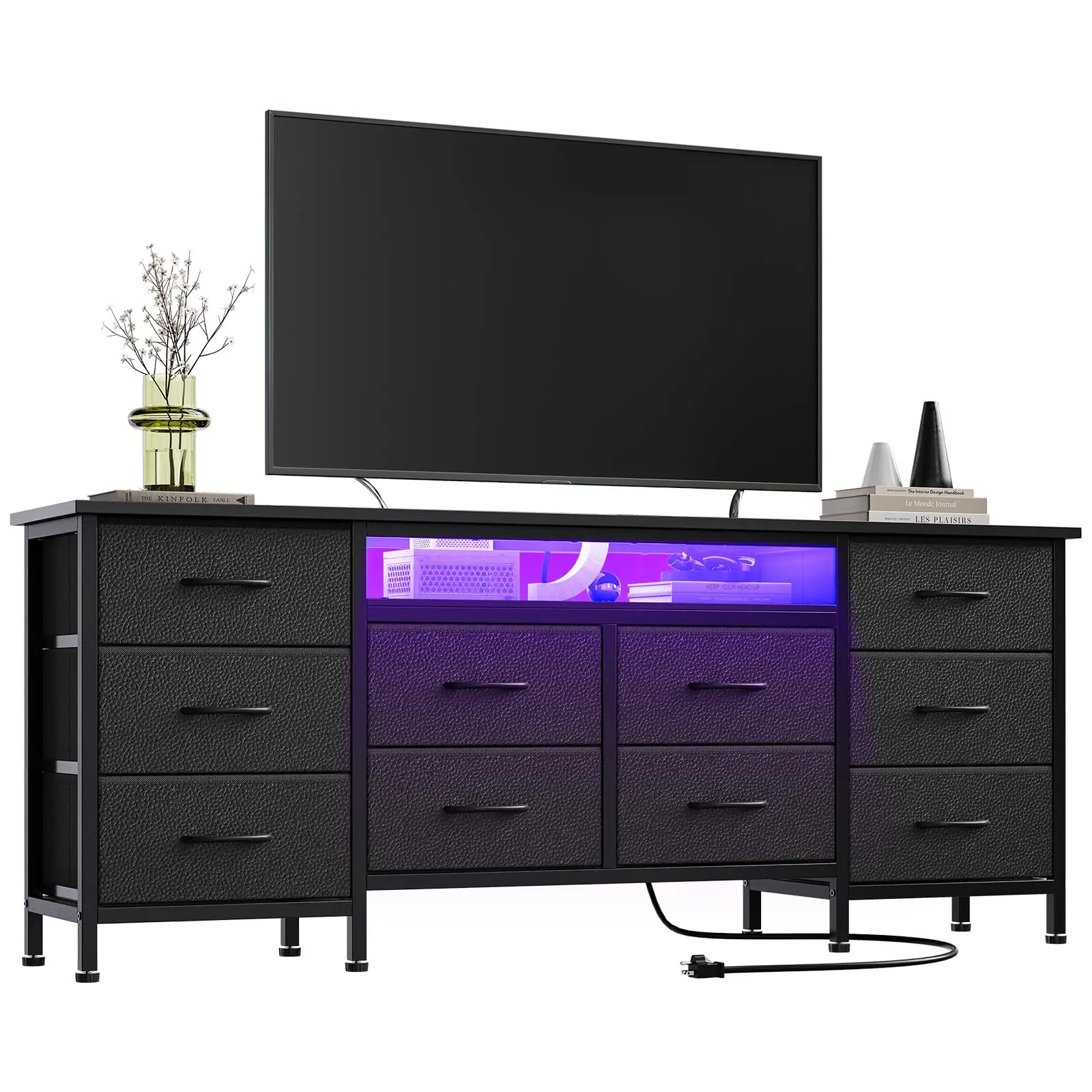 Garvee 63" Stand Dresser with 10 Storage Drawers, Power Outlets & LED Lights, Wide Organizer Entertainment Center, Bedroom Storage Chest for Dining and Living Room - Black