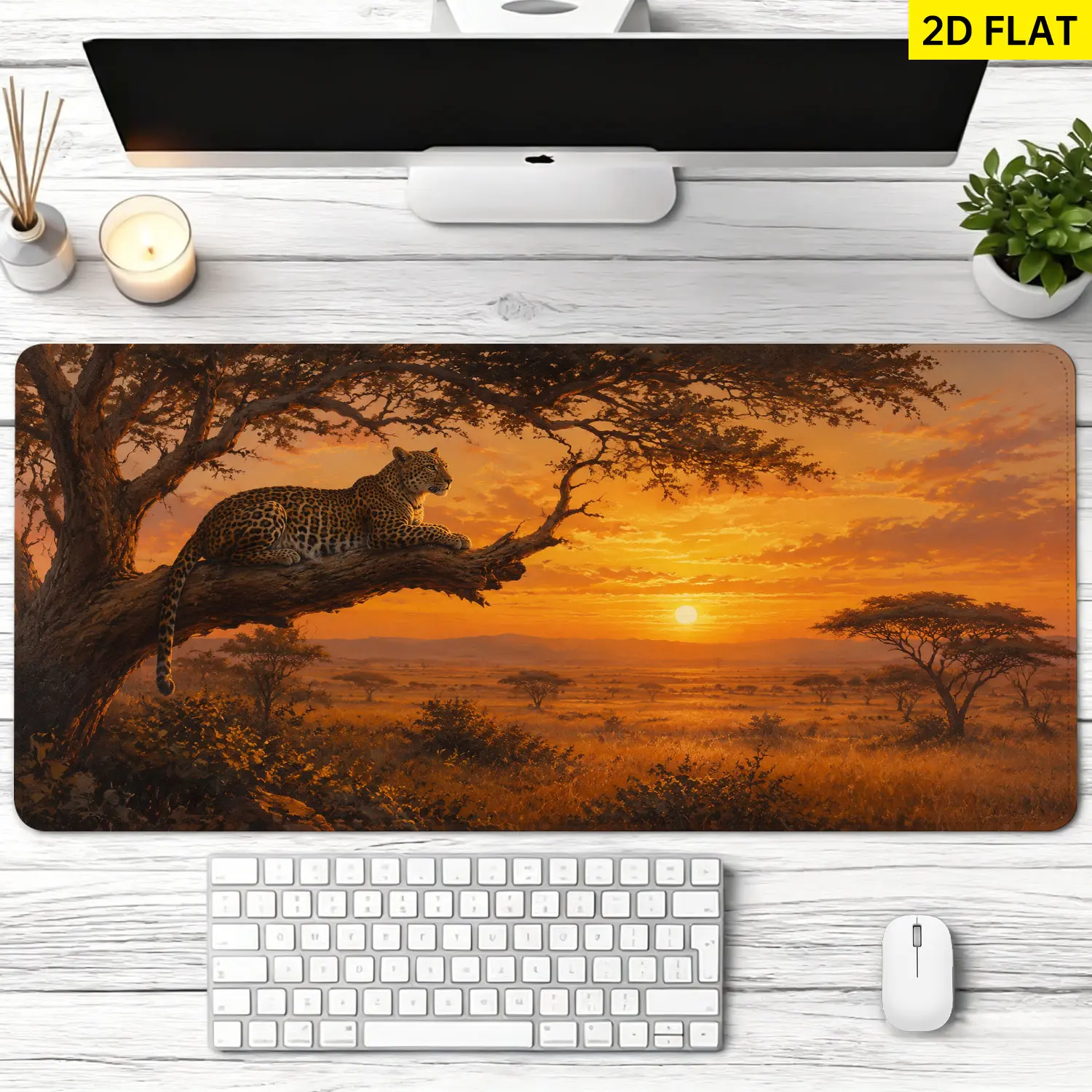 Extra Large leopard on tree at sunset Mouse Pad,Non Slip Rubber Pad,Desktop Decoration Drotection Pad,Washable,Lock Edge Multi Size,Premium Multipurpose Mousepad For Office,Study Room,Gift for Family and Friends