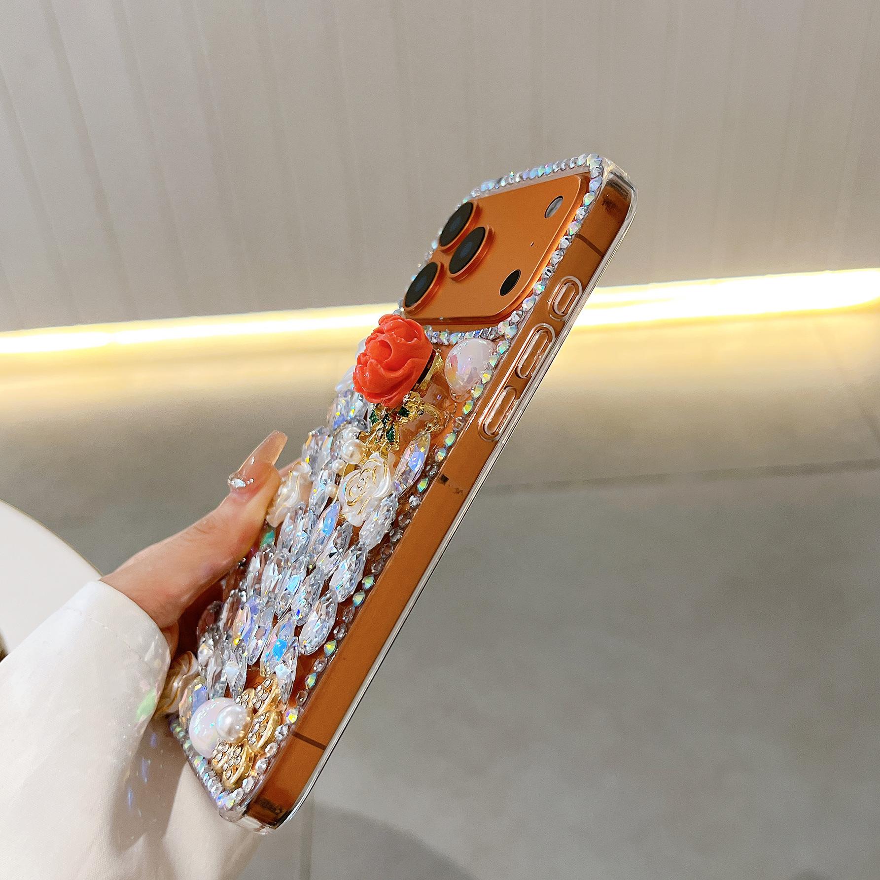 Suitable for Apple 14 Pro phone case, red rose rhinestone iPhone 17 Pro luxury full-cover 15 three-dimensional protective case