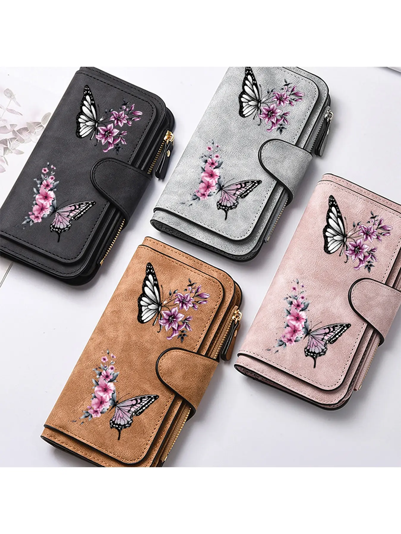 Elegant style women's wallet, four fold women's hand-held wallet, decorated with butterfly and floral patterns, multi slot design, suitable for multiple scenarios, excellent birthday/Halloween/Christmas gifts