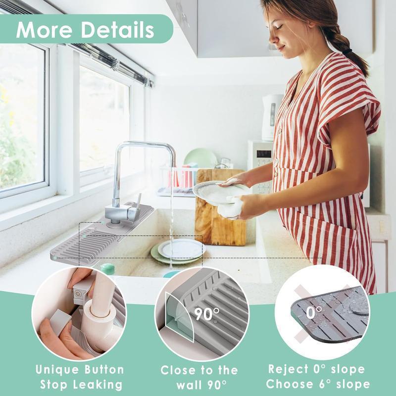 24 Inch Longer Faucet Mat for Kitchen Sink 5°Slope Fast Self-draining Silicone Splash Guard with Customizable Hole & Button Design for Efficient Drainage and Tidy Sink Area