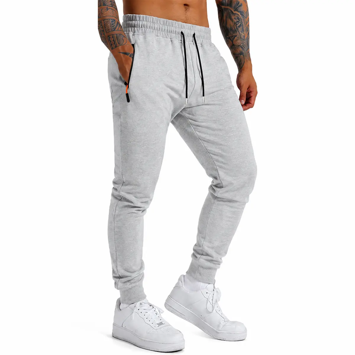 Men Athletic Cuffed Sweatpants, Elastic Waistband With Black Drawstring For Adjustable Waist Fit, Side Zipper Pockets Securely Store Phones, Keys And Other Small Belongings To Prevent Falling Out, Slim Cuffed Cut Delivers Neat Look, Soft Breathable Stretc