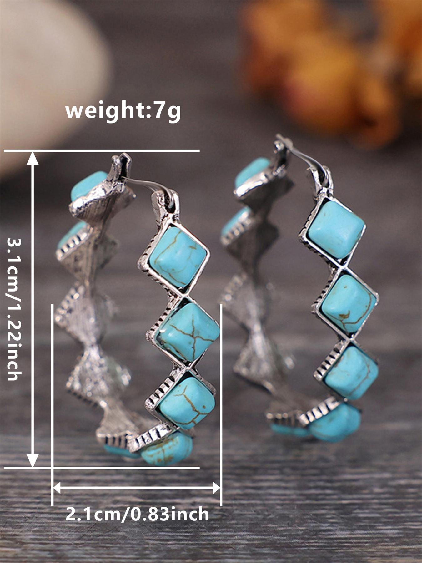 Women's Boho Style Turquoise Texture Design Hoop Earrings (1 Pair), Fashion Retro Hoop Earrings for Women & Girls, Trendy All-match Vintage Jewelry As Birthday Gift