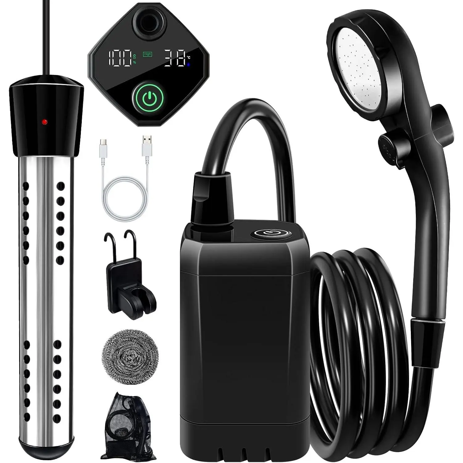 6000Mah Battery Powered Portable Heated Camping Shower with 2000W Auto-Off Heater Digital Power & Temperature Display for Hiking