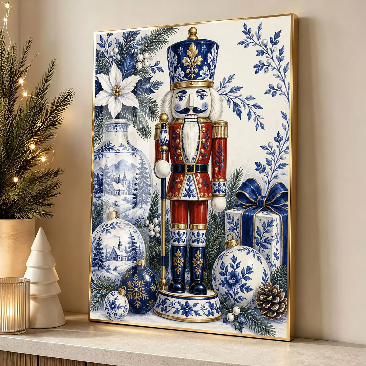[2D Flat] 1pc Blue white nutcracker christmas canvas, Modern Frame, Home Decor For Living Room, Hallway Wall Decor, Luxury Perfect Gift For Christmas And Halloween, Print Artwork, Decorative Wall Print