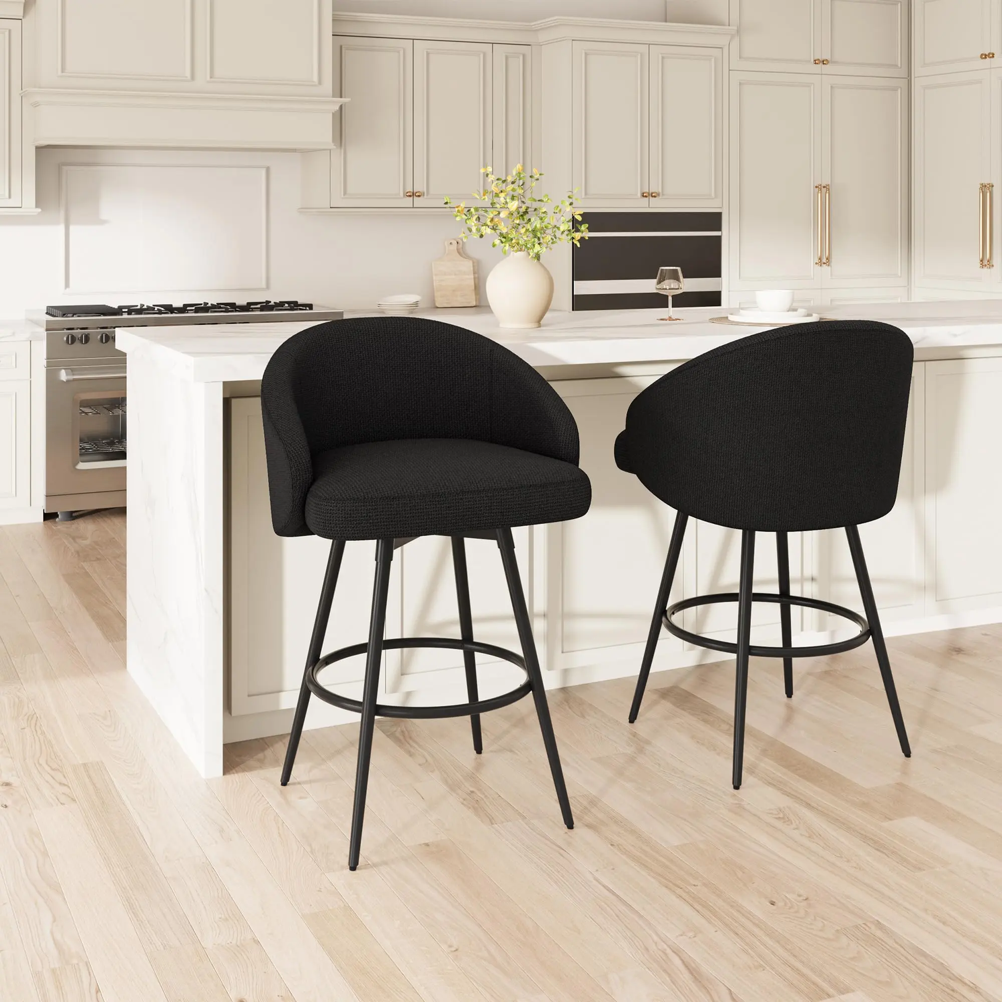 Modern Swivel Bar Stool – Counter Height Chair with Backrest & Footrest, 360° Rotating Linen Upholstered Seat, Sturdy Black Metal Frame – Ideal for Kitchen Island or Dining Room