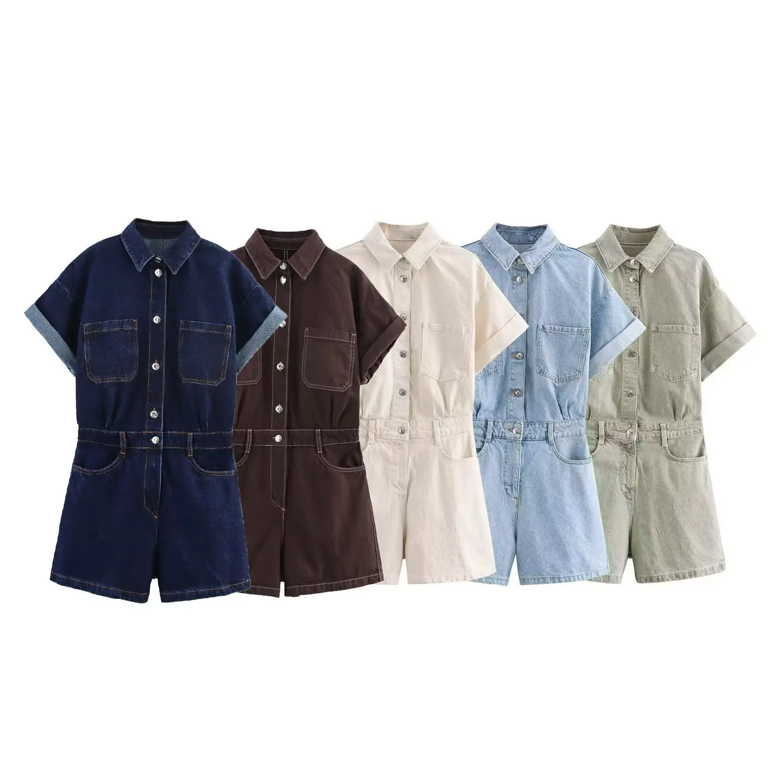 Short-sleeved denim jumpsuit with a short collar in multiple colors