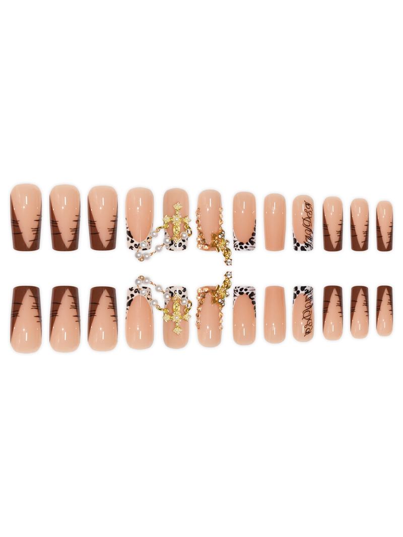 24 Piece Glossy and Leopard Print Press-On Nails with Cross Charm, Pearl Chain and Bling Rhinestone Decoration, Reusable Self-Adhesive Nail Kit for Party and Night Glamour 24 Piece Glossy and Leopard Print Press-On Nails with Cross Charm, Pearl Chain and Bling Rhinestone Decoration, Reusable Self-Adhesive Nail Kit for Party and Night Glamour