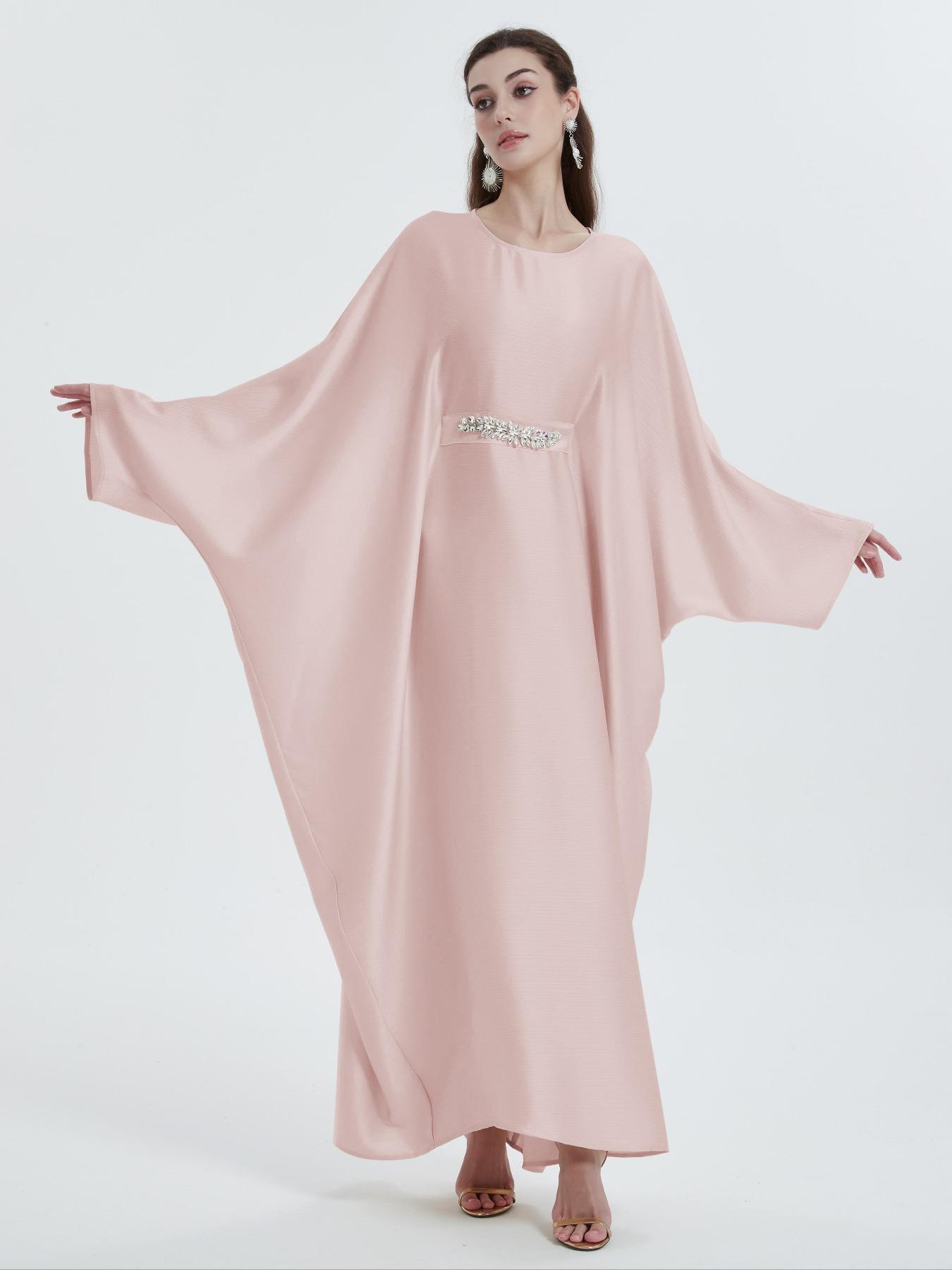 Women's Plain Rhinestone Decor Batwing Sleeve Kaftan Dress, Elegant Modest Maxi Dress for Party Wedding Guest, Dresses for Women, Ladies Longsleeves Dress, Minimalist Womenswear, Modest Clothes for All Seasons, Formal Dress Hides Tummy, Gown