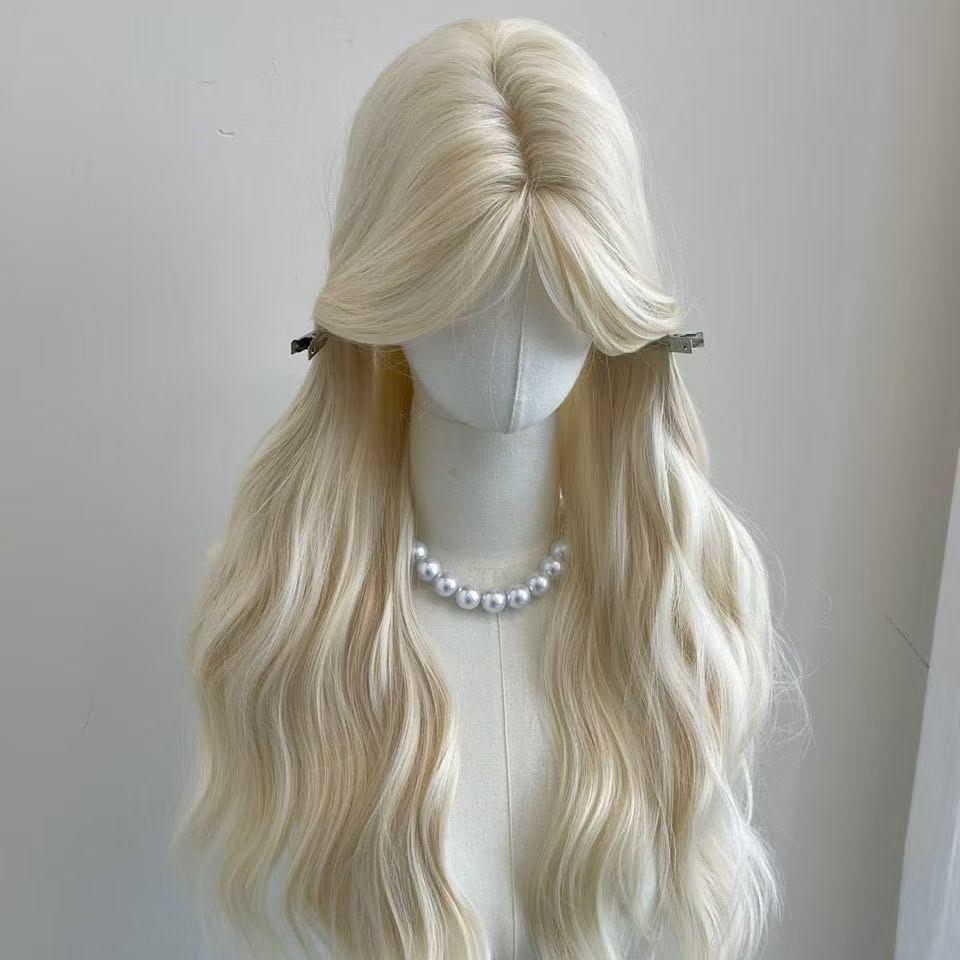 Women's Full Cap Platinum Blonde Long Curly Wig  Natural Middle Part Curtain Bangs, Water Wave Invisible Lace Front Wig