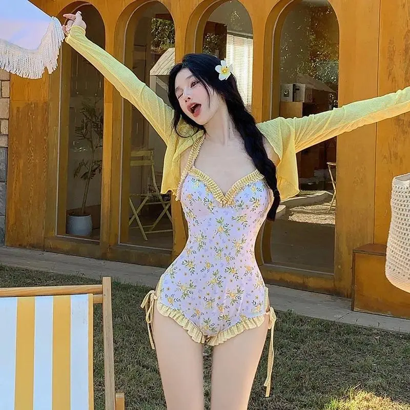 ​​Korean Floral Swimsuit One Piece Soft Cup Cover Up Long Sleeve Hot Spring Spa Bikini Style Swimsuit for Women Slim Swimsuit​​