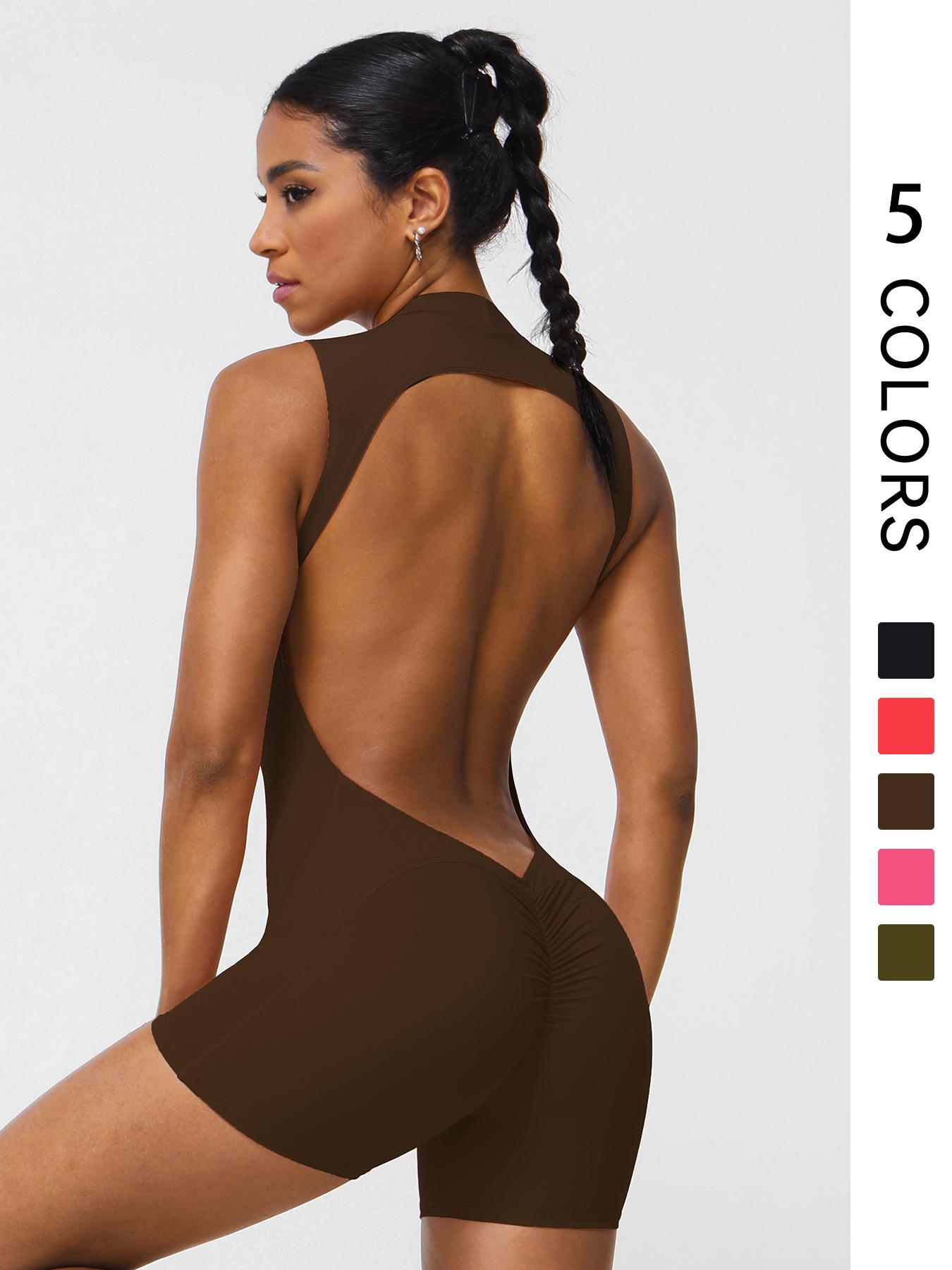 Women's Solid Color Sporty Jumpsuit, Sexy Tight Fit Sleeveless Backless Design, Fashionable Comfortable Yoga Fitness One-Piece Sporty Comfy Jumpsuit