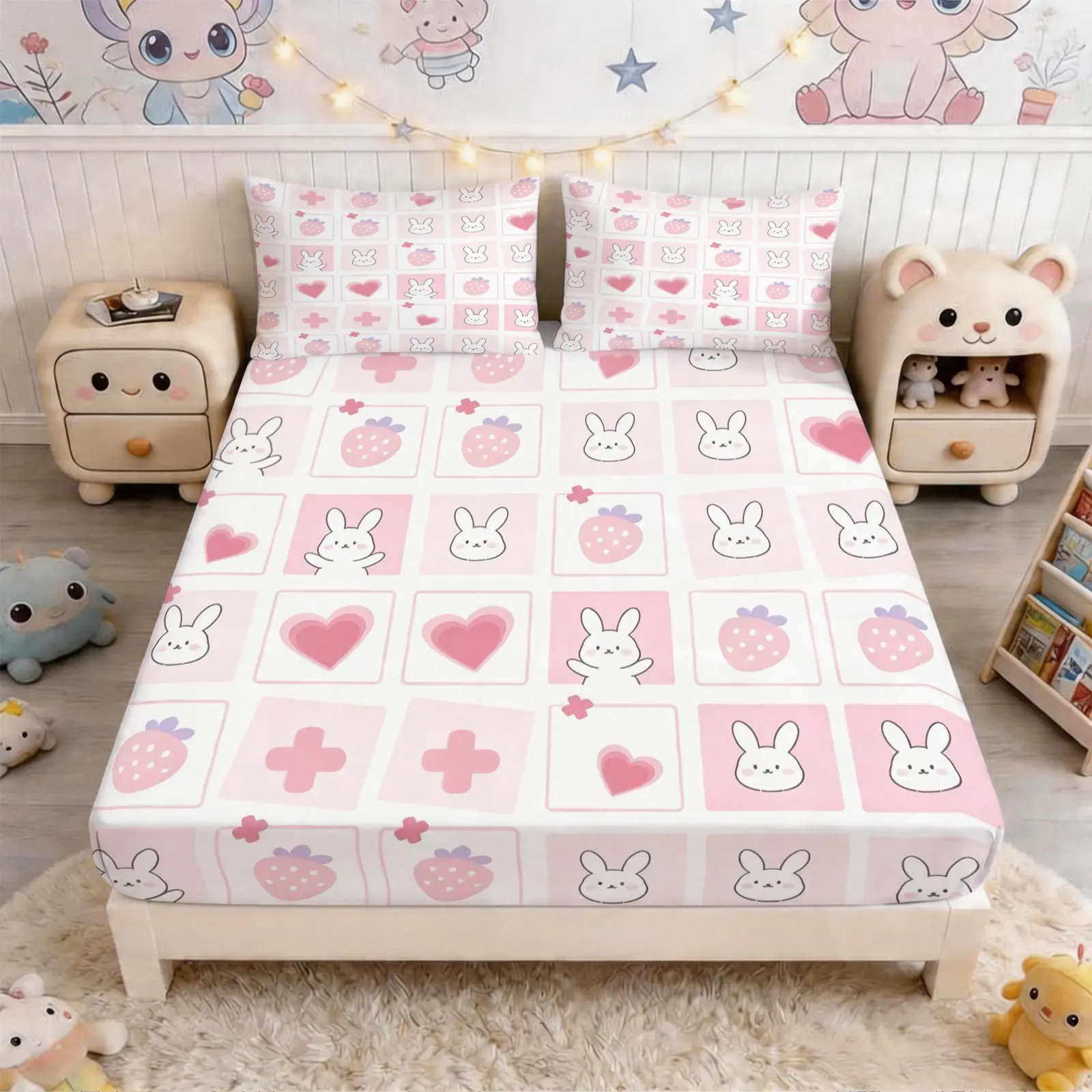 Cute Bunny Fitted Sheet 3-Piece Set (1 Fitted Sheet + 2 Pillowcases, No Pillow Insert Included), Kawaii Sweet Style, Deep Pocket Soft & Breathable Fabric, Ideal for Teens & Adults Bedroom Decor, Perfect for Family Use
