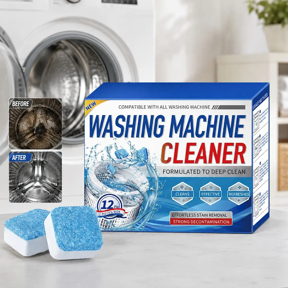 Washing Machine Cleaner Tablets, 12-Pack Deep Cleaning Tablets for HE Top-Load & Front-Load Washers, Removes Grime Build-Up, Septic-Safe Household Mother's Day Gift