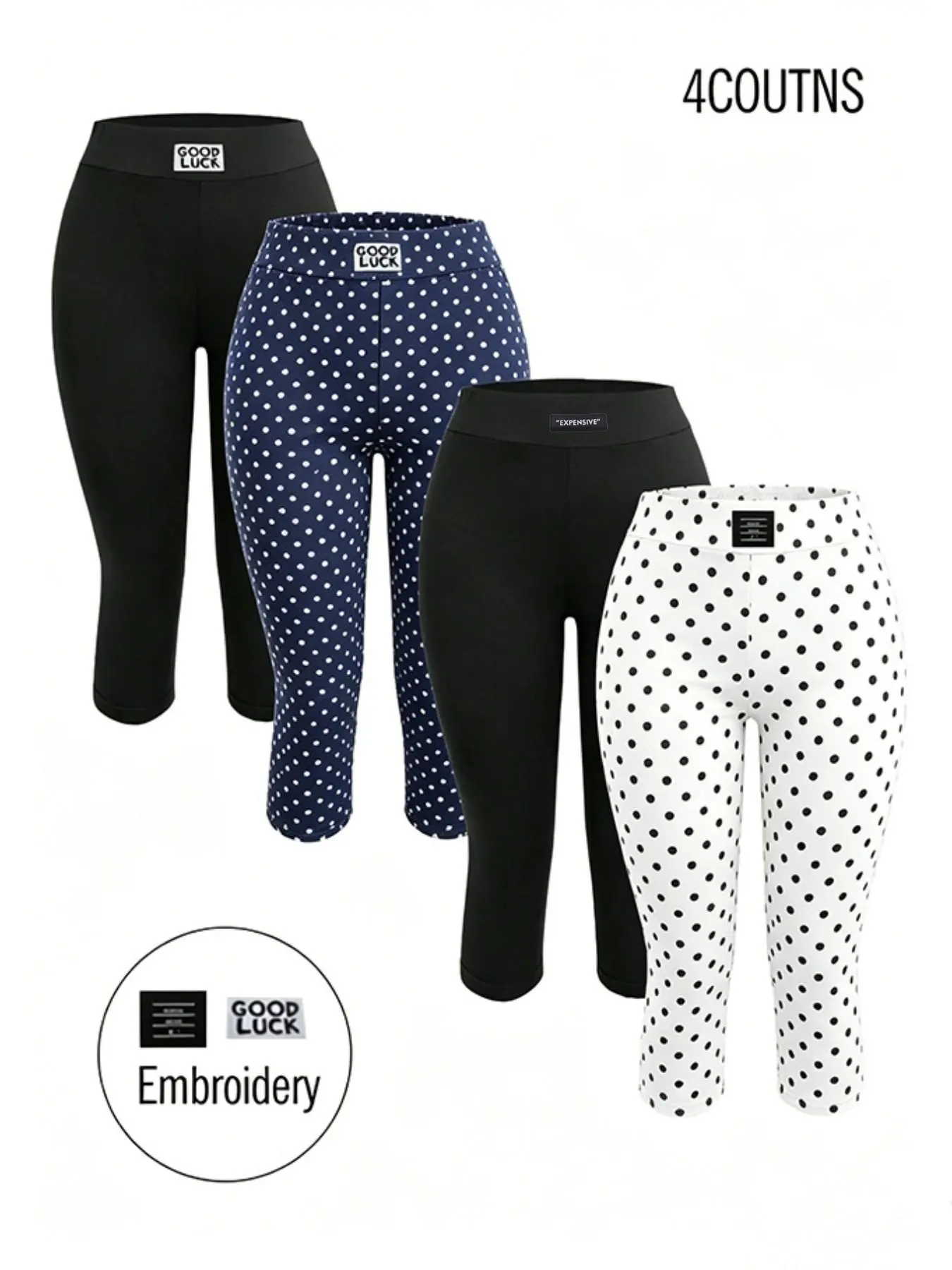 Women's Vintage 4-Piece High-Waisted Leggings Set, Bottoms, Solid & Polka Dot Patterns, Embroidered Details, Stretchy Fit, Casual Streetwear