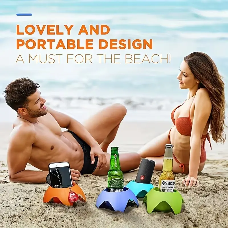 5pcs Portable Plastic Beach Cup Holder Tray, Multi-Functional Outdoor Drink & Phone Holder, Stable Beverage Stand for Beach Camping Picnic Party Decor