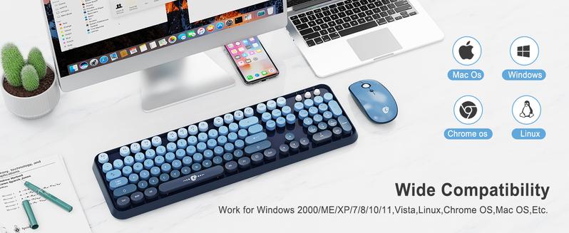 Wireless Keyboard and Mouse Combo 2.4G Full Size Cute Colorful Mouse with 104 Round Keys Retro Typewriter Keyboard for Laptop Windows PC Blue Gradient