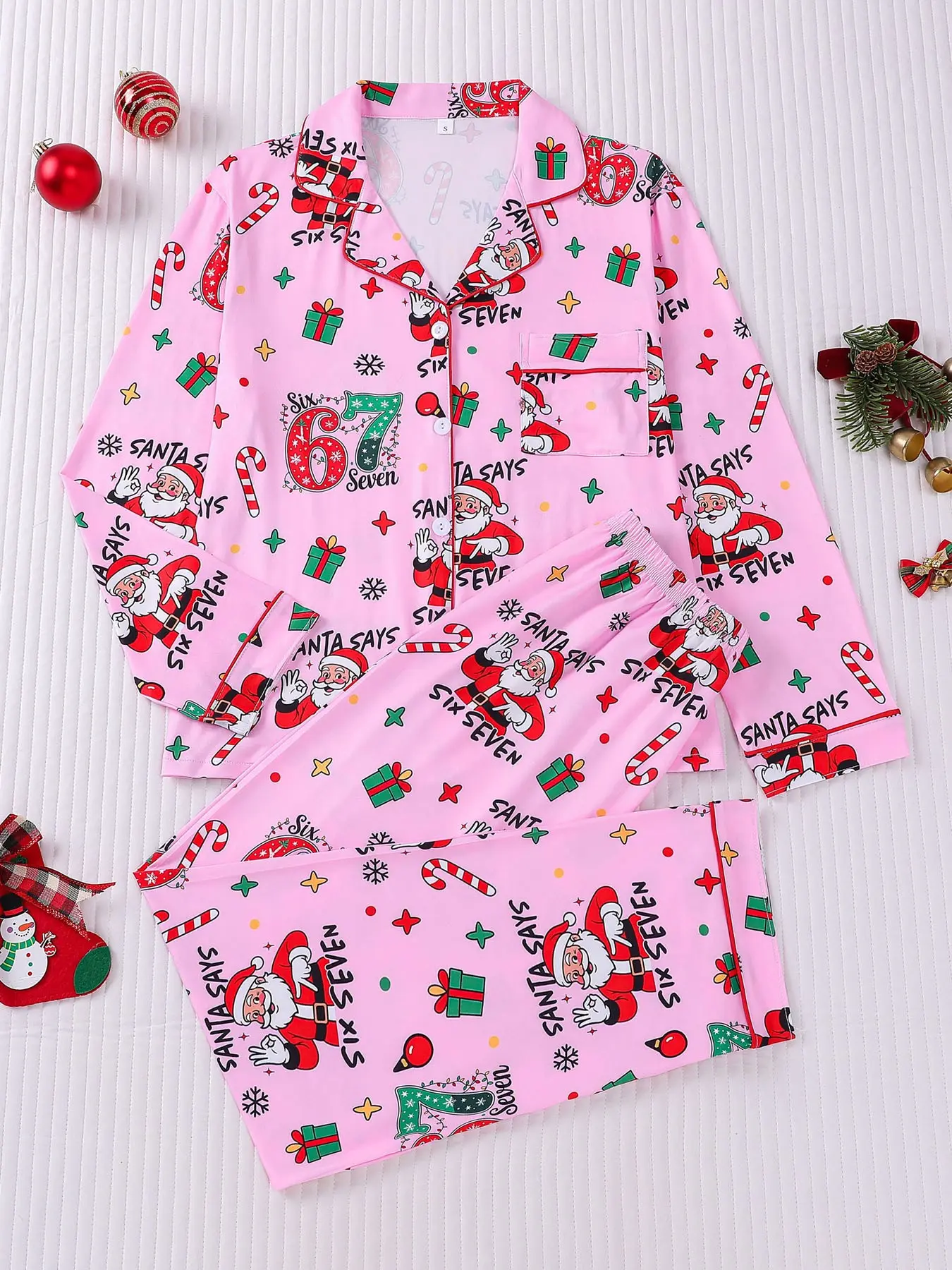 Women's 2‑piece Christmas pajama set lapel long‑sleeve top & pants with fun Santa gift box candy cane star snowflake & letter‑number print Pink set with red piping button‑front chest pocket elastic waist Soft playful cartoon festive loungewear for women