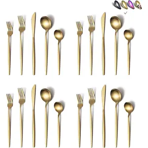 Matte Gold Silverware Set 40 Pieces, Stainless Steel Golden Flatware Set, Titanium Plating Cutlery Set, Matte Gold Utensil Sets, Service Set 8 (Matte Golden)