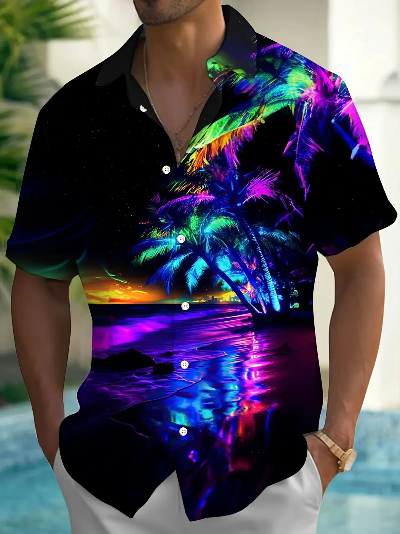 Vibrant Fluorescent Palm Beach Night Scene Print Short Sleeve Cardigan, Lightweight Quick-Dry Poolside Shirt, Casual Slim-Fit Top