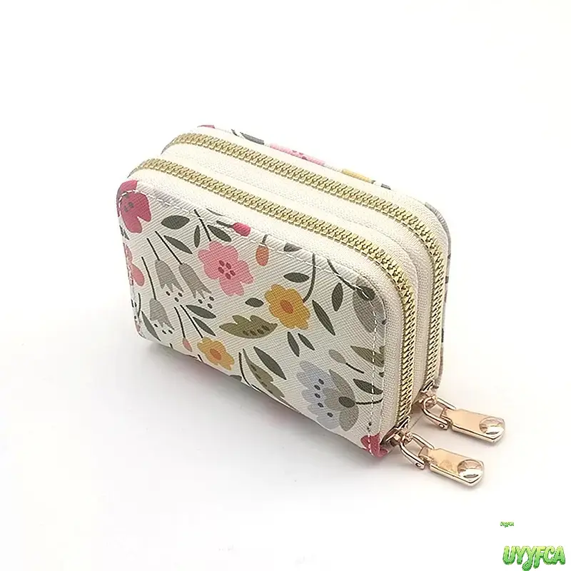 Women's Botanical Bird Print Accordion Card Wallet, Mini Size Faux Leather Double Zip Closure RFID Blocking Coin Purse for Daily Use, Botanical Look tiktokshopbacktoschool,back to school,back to school haul