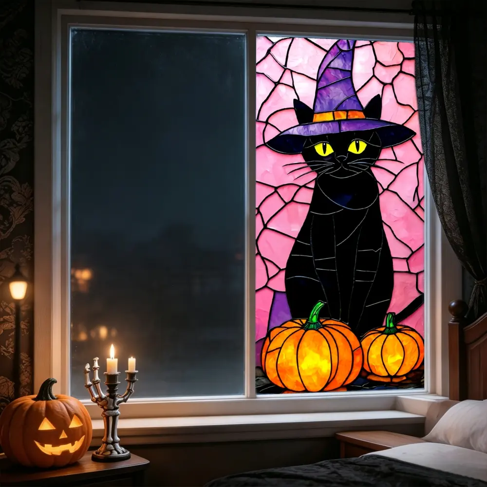 1pc, Stained Glass Style, Black Cat Witch Hat And Glowing Pumpkins Pattern, Halloween Window Privacy Film, Sunscreen Static Cling Window Sticker, Removable Glass Window Decals, Spooky Black Cat with Purple Witch Hat And Orange Pumpkins Design