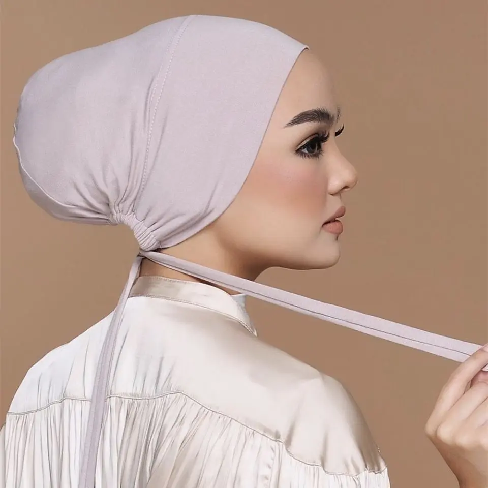 Modal elastic drawstring cap with adjustable ties, solid color headscarf
