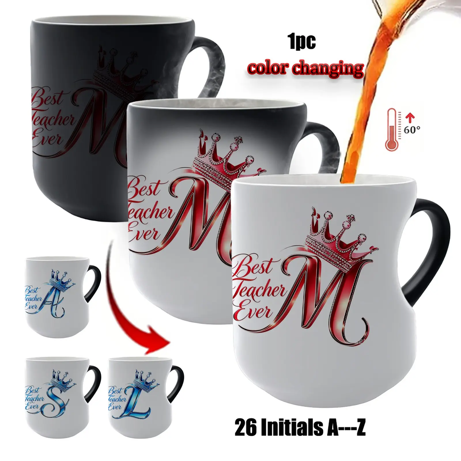 1PC Heat Sensitive Color Changing Mug, Ceramic Cups, Crown Letter A-Z Custom Initial Print Coffee Cup, Teacher Appreciation Gift, Personalized Teacher Thank You Mug, Hot Water Discoloration Tea Cup