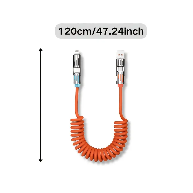 2-Pack 4-In-1 Spring Fast Charging Data Cable Retractable Car Charging Cable Compatible with Apple / Type-C Multi-Interface Fast Charging Cable