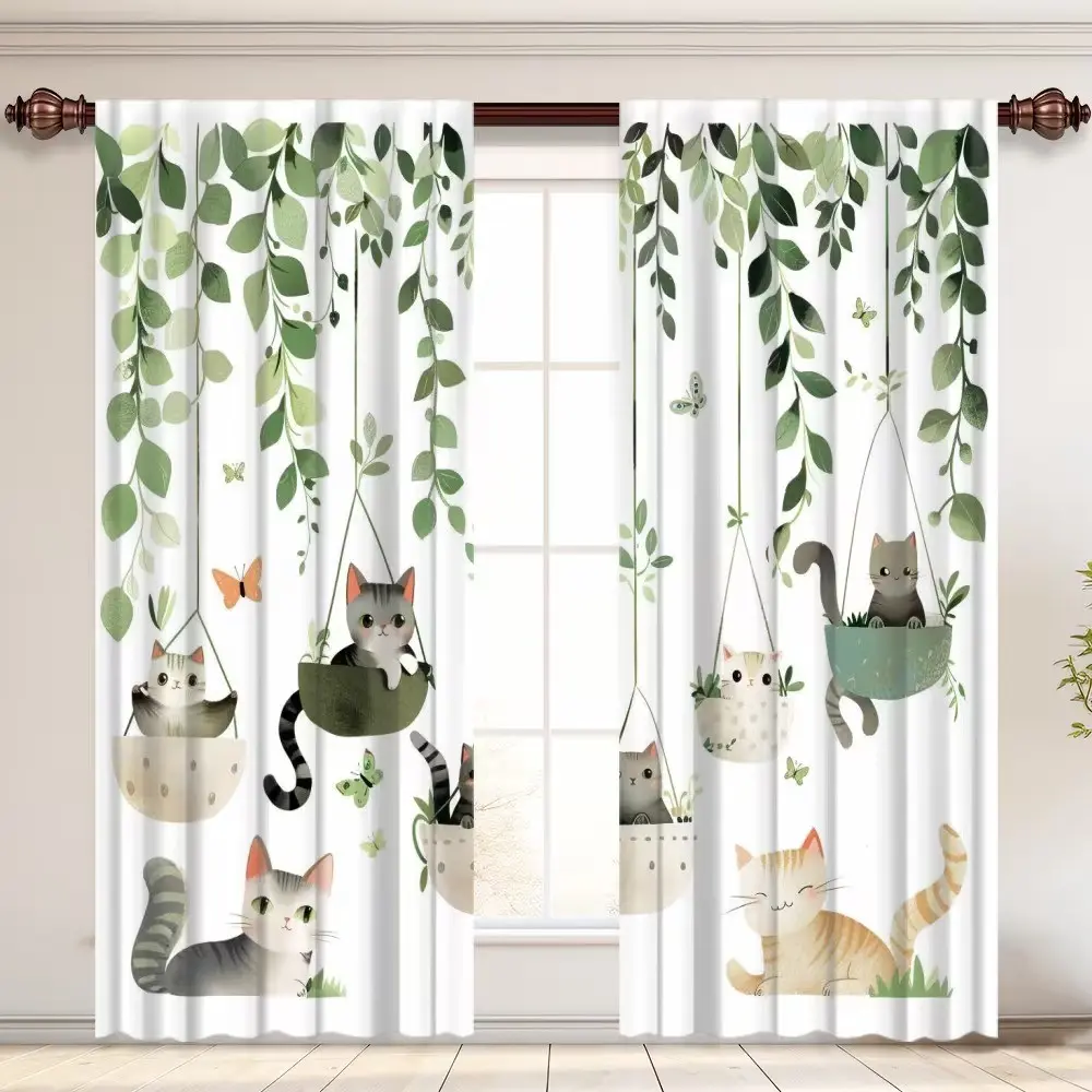 Creative Cat and Leaf Print Curtains, 2-Piece Set, Semi-Sheer, Dust-Resistant, Easy Install and Clean, Fade-Resistant Home Decor