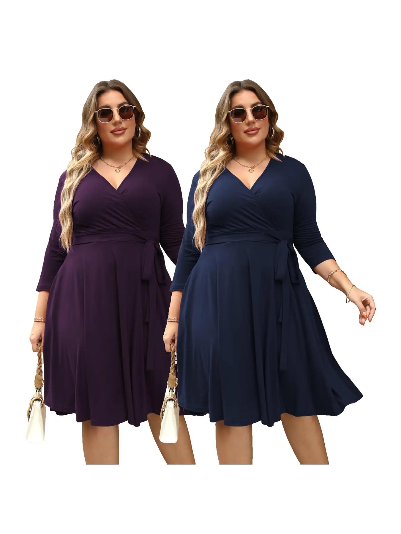 【Plus Size】Trendy Plain Wrap V Neck Belted A Line Plus Size Dress, Women's 3/4 Length Sleeve Solid Dress, Fall Outfit