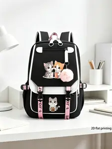 Cute Cat Print Backpack, Base with Trim and Strap, Multi-Layer Design, Adjustable Shoulder Straps, Ideal Gift for Friends
