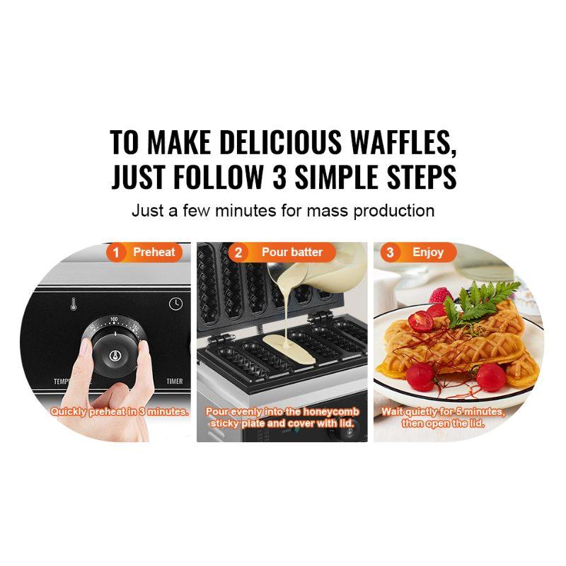 VEVOR Commercial Waffle Stick Maker, 6PCS 1500W Waffle Baker Machine, Non-Stick Stainless Steel Corn Hot Dog Waffle Iron with Temp and Time Control, Handle, for Restaurant Bakery Snack Bar Family