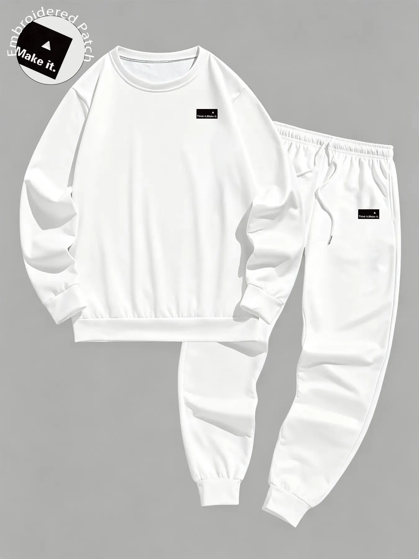 Men's Minimal Small Embroidered Patch Crew Neck Sweatshirt & Jogger Pants 2-Piece Matching Set, One Outfit Multi-Wear Muscle Slim Fit, Versatile For Gym Workouts, Daily Commutes, Campus Street Style, Light Business Occasions, Loungewear At Home & Short Tr