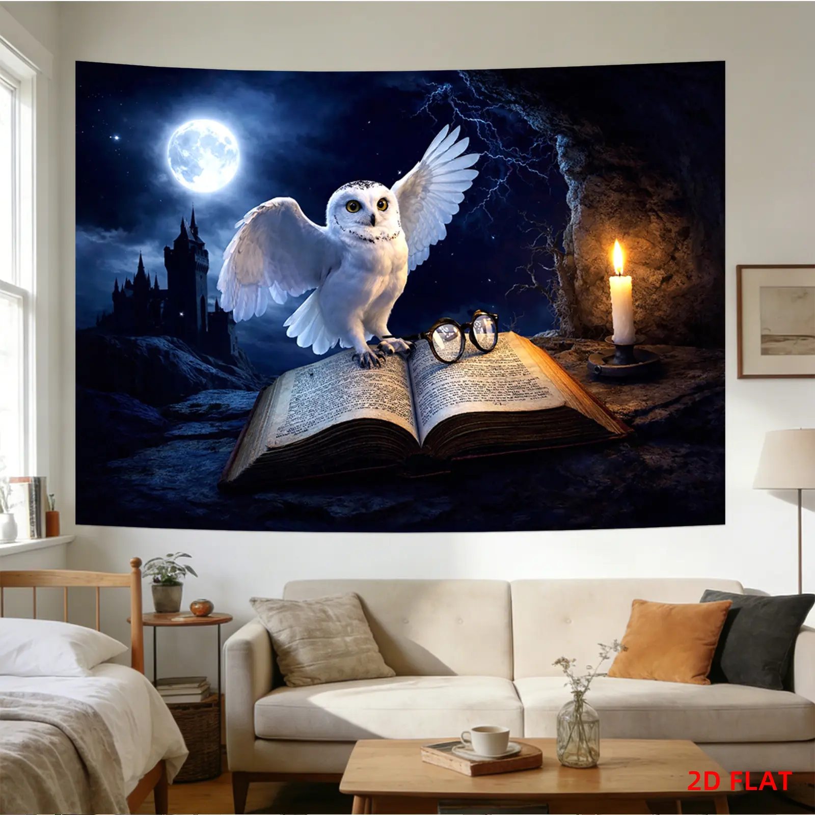Funny Synthetic Hanging Tapestry - Owl, Book, Castle, Night, Candles Design - All Seasons Room Wall Decoration with 1-3 cm Variations, Ideal for Living Room & Gift Option, Durable