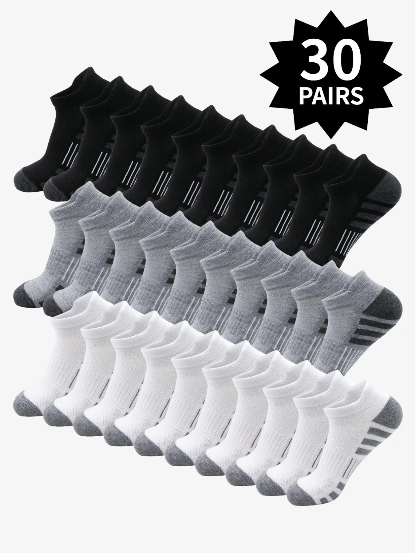 30 Pairs Men's Plain Striped Ankle Socks, Sports Socks, Sporty Comfortable Breathable Socks, Soft Fabric, All Seasons, Daily Wear, Spring & Four-Seasons Style, Sock Packs