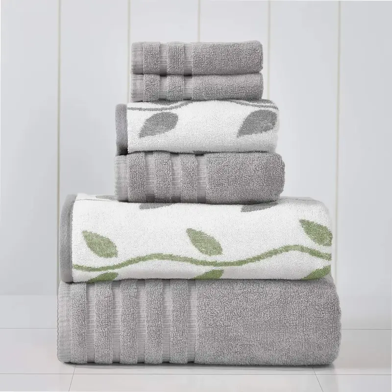 6-piece color woven organic vine jacquard/solid ultra soft combed cotton towel set [light gray]