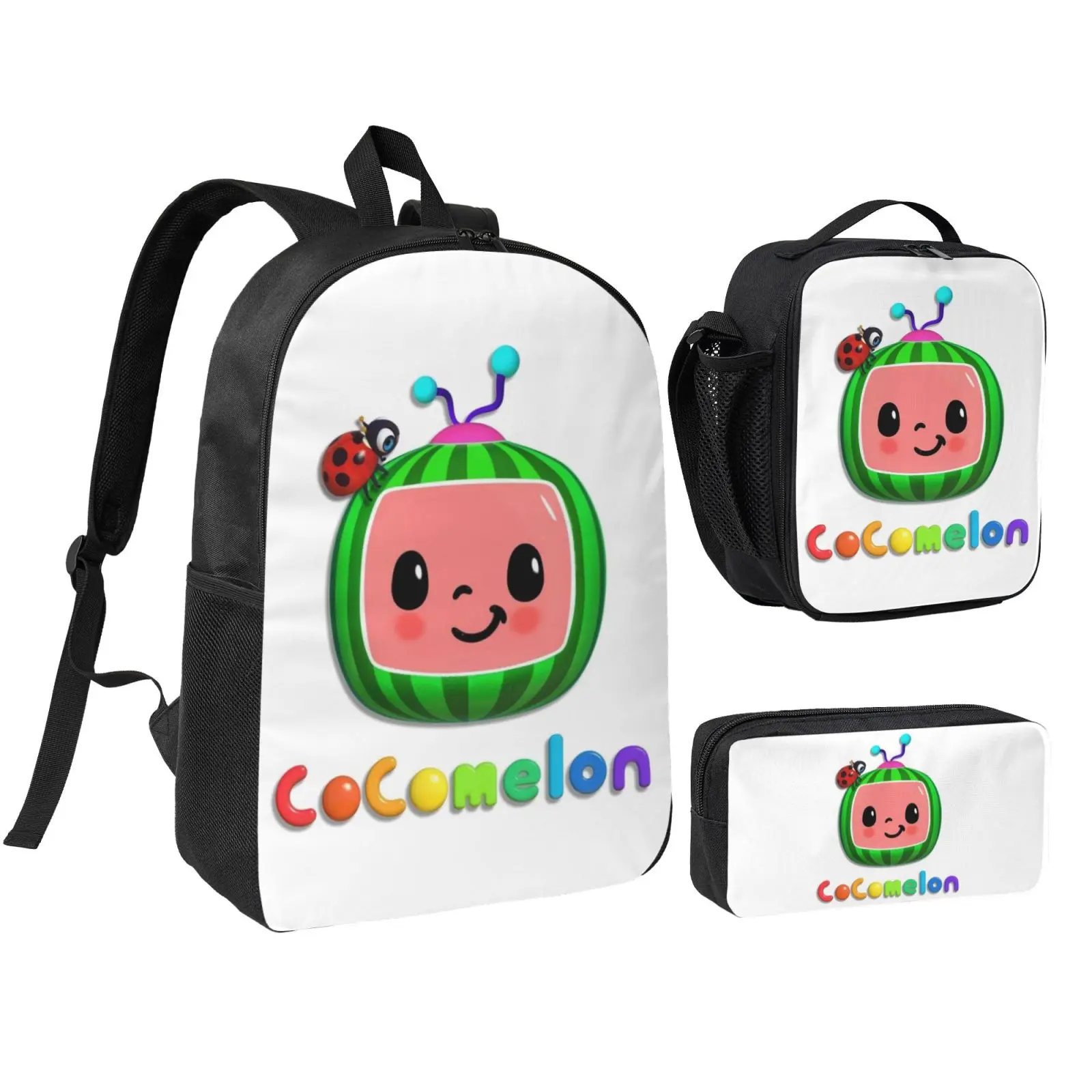 Anime Cocomelon2 backpack with lunch bag pencil box for Teen Girls Boys, 3pcs kids school bag with adjustable straps, office travel bag Bookbag lunchbox