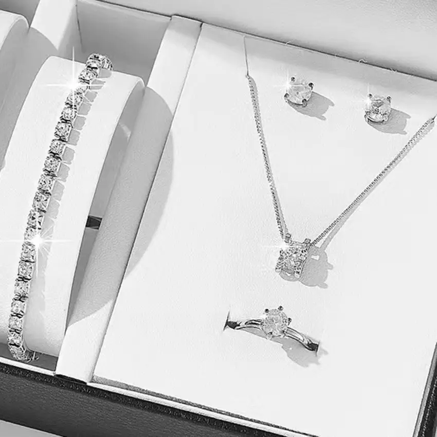 4-Piece Cubic Zirconia Alloy Jewelry Set, Chic Irregular Star Necklace, Earrings, Ring, and Bracelet for Women's Party Wear, Four Pieces