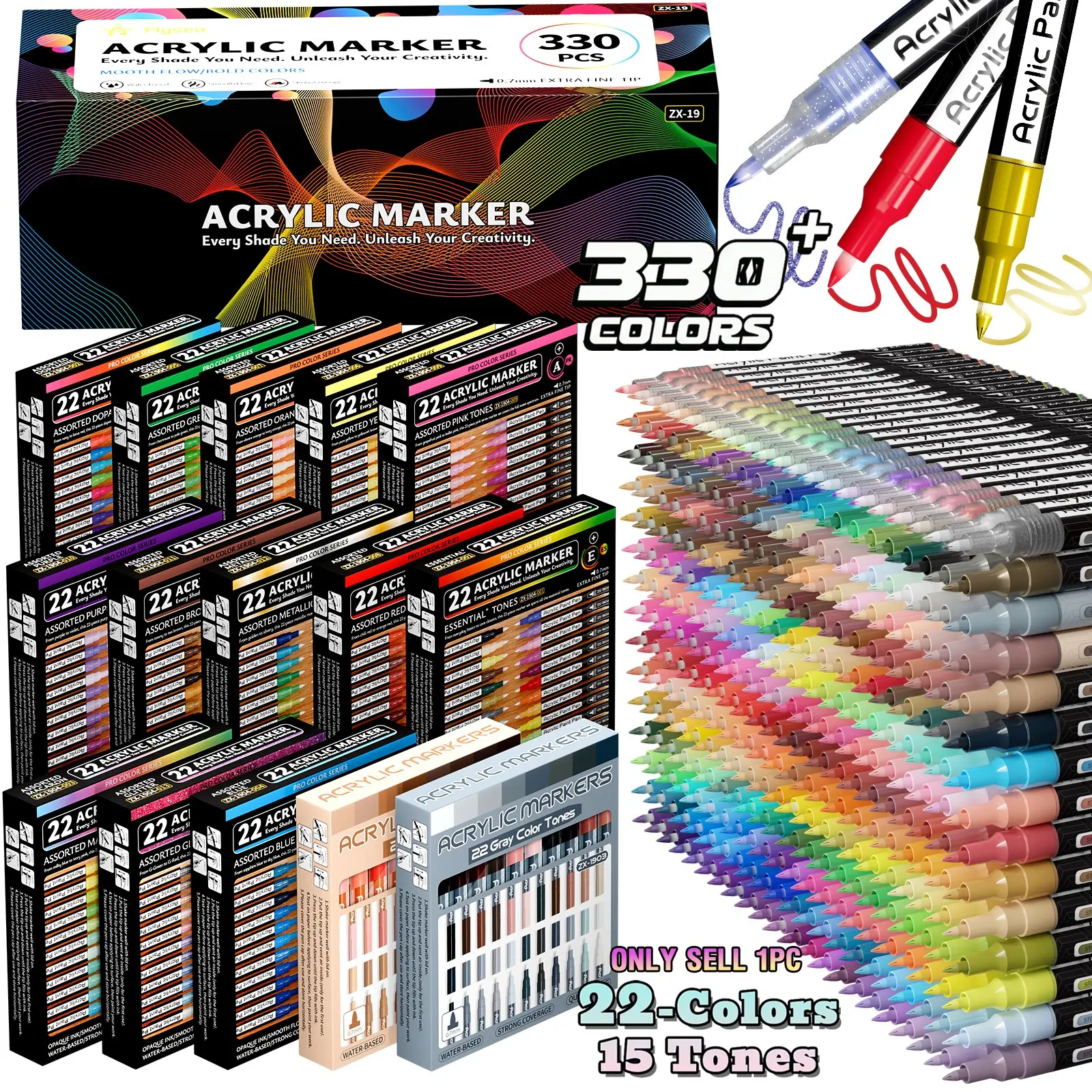 Flysea Acrylic Paint Marker Set, 330 Colors, 22 Colors Valve Direct Liquid Markers, Fine Tip 0.7mm, Quick Dry, Acrylic Drawing Markers, Suitable for Various Surfaces