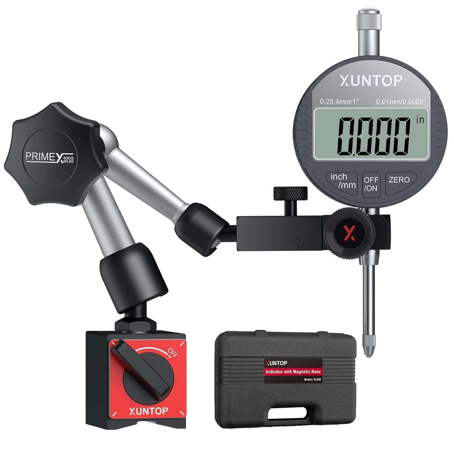 XUNTOP 0-1inch/0.0005inch Dial Digital Indicator and 90lbs (40kg) Magnetic Base Magnetic Electronic Indicator with 3 Adjustable Joints 5/16 inch (8mm) Clamping Diameter for Lathe CNC 3D Printer