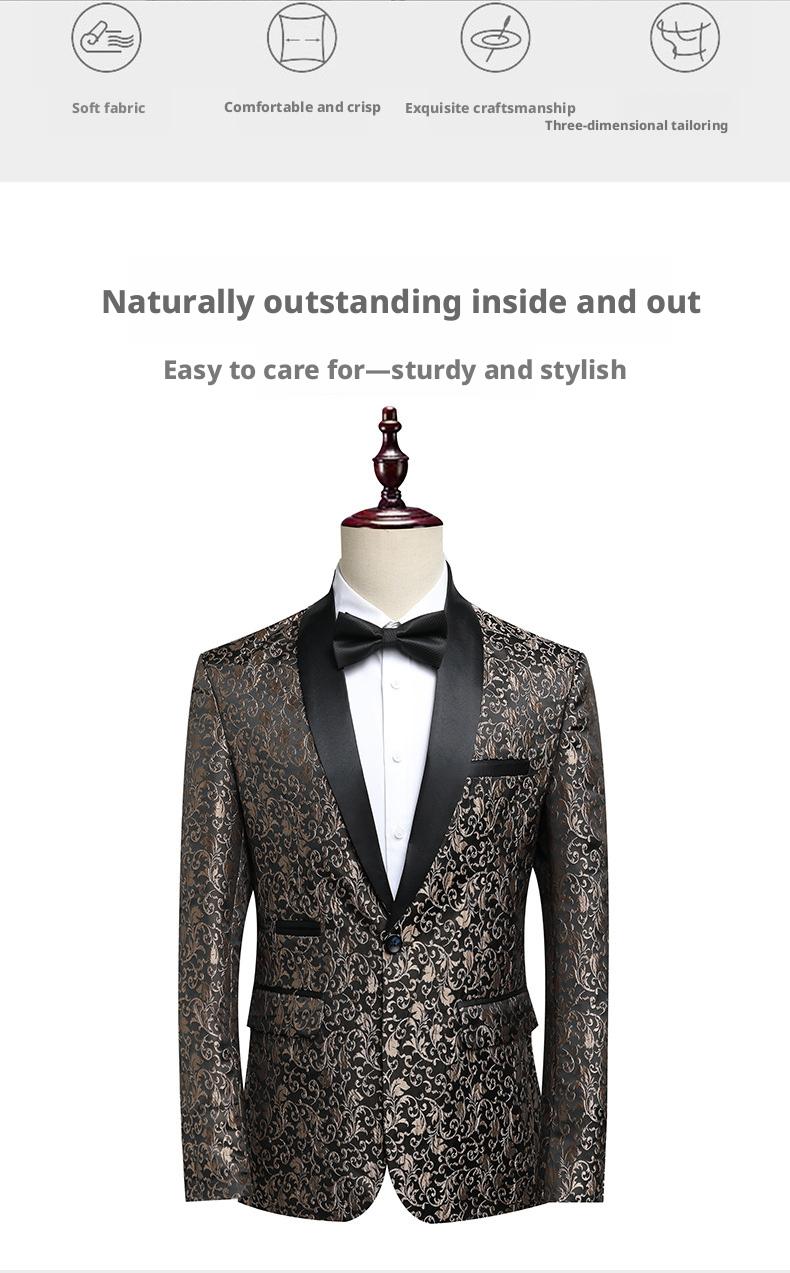 Men's Slim Fit Jacquard Shawl Lapel Suit  Korean Style Business Formal Blazer, Center Vent, Four Seasons Wear