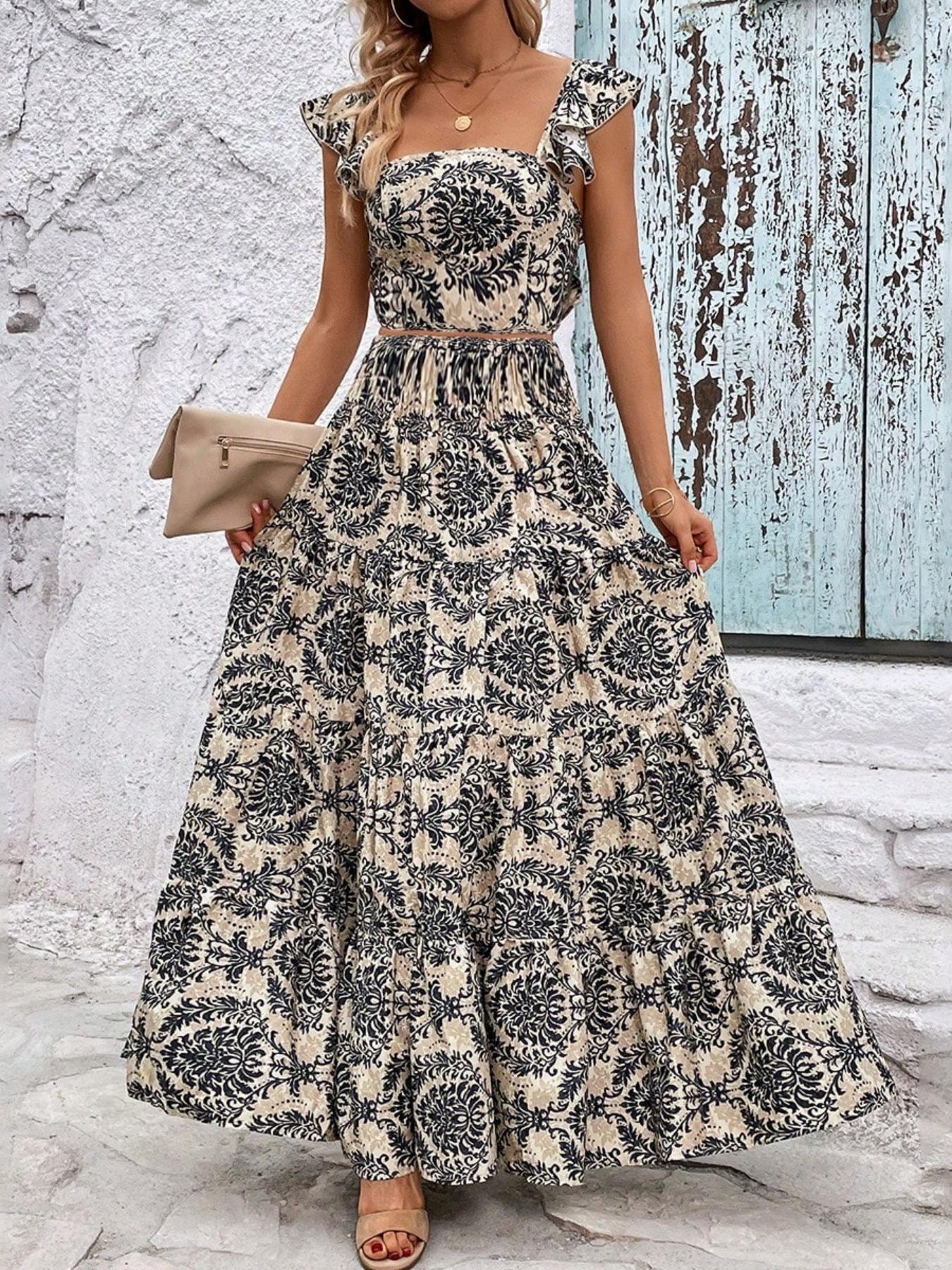 Women's All Over Print Fitted Ruffled Crop Tank Top & Skirt Two-piece Set, Elegant Bohemian Fashion Casual Top & Skirt for Daily Outdoor Wear, Ladies Outfits for Summer